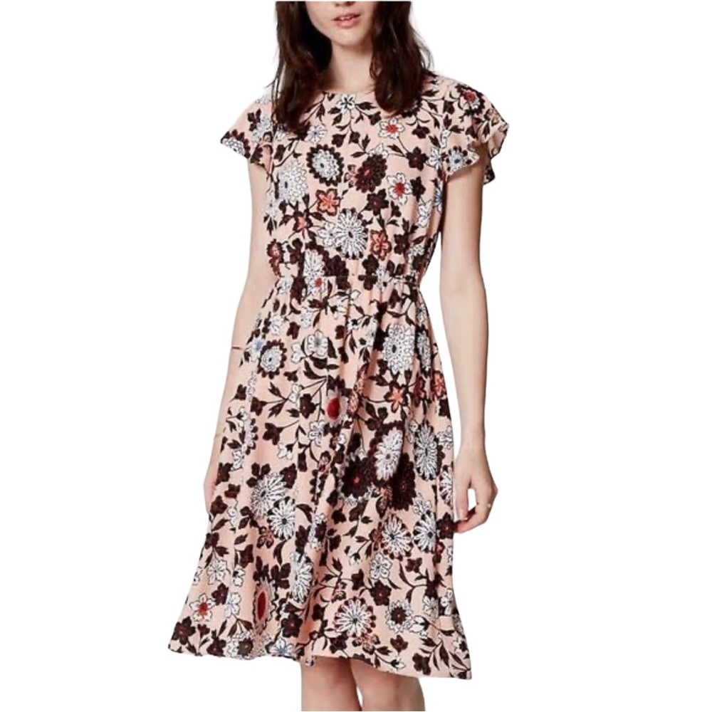 LOFT Women’s Neutral Pink Dress - Floral Accents With Flutter Sleeve Size S